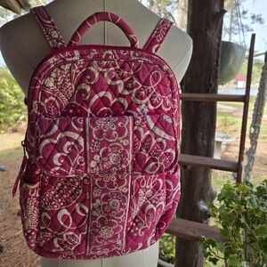 Vera Bradley Pink And White Small Quilted Backpack In Retired Twirly Birds Print